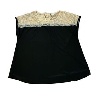 Faith and Joy Dressy Lace and silky top, black, ivory, back neck bow, Large
